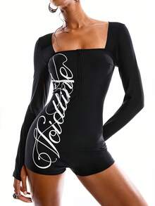LYSMO 女士字母印花修身连体泳衣，带短裤，适合泳池/海滩穿着 - 黑色 - 查看 6