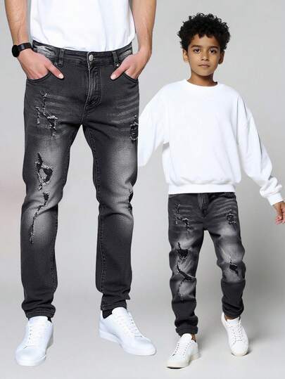SHEIN Tween Boys Vintage Distressed Washed Denim Skinny Stretchtyg Bekväma Casual Vardagliga Mångsidiga Jeans med Rullad Fåll