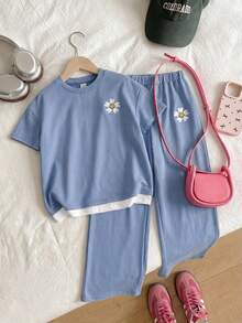 SHEIN Bộ áo len cổ tròn tay ngắn và quần ống đứng cho bé gái tuổi mới lớn - Màu xanh bụi bặm - Xem 6