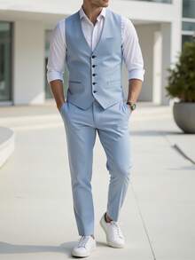 Manfinity Bizformal Men's Suit Set, Allover Print Lapel Long Sleeve Top And Stylish Business Long Pants Men Wedding Outfit Men Suits Groom Royal Blue And White Suit Baby Blue Men Outfit Men Dress Wear,Weekend Trips, Outdoor Activities, Travel Expeditions, Relaxed Work Environments Or Semi-Formal Occasions, Boyfriend/Husband Gift, Anniversary /Birthday Gift Party Summer Vacation Holiday New Years Wedding Valentine's Day,Blue Vest, Suit Pants, Men's Suit Set, Groom / Best Man Clothing - Baby Blue - View 8