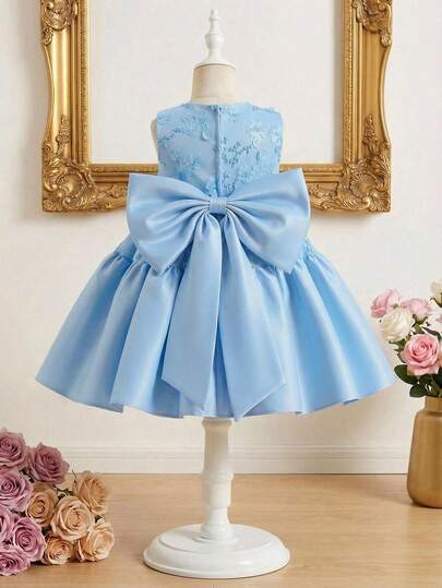 Glamorique Kids Baby Girls' Blue Satin Dress With 3D Floral Embroidery, High-End Formal Dress For Infant Birthday, Wedding Guest, Suitable For Holiday, Party