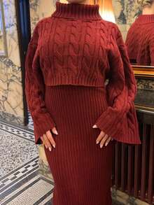 Bethéva 2pcs Women's Casual Knitted Sweater Top And Long Skirt Set, Loose Fit Turtleneck Long Sleeve Crop Top And Skirt, Autumn/Winter - Red - View 3