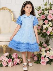 Young Girls Cute Contrast Mesh Collar Dress - Blue - View 3