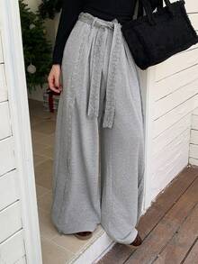 DAZY 女士蕾丝拼接休闲宽松裤 - 灰色 - 查看 5