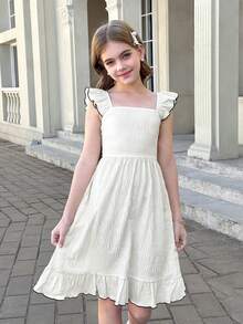 SHEIN 少女荷叶边袖蝴蝶结露背方领纹理连衣裙 - 杏色 - 查看 5