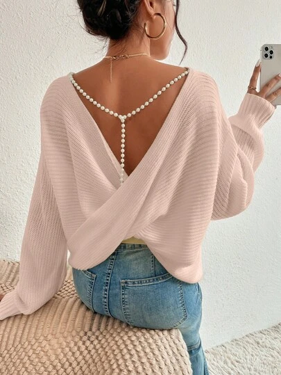 EURMUSE Women's Solid Color Boat Neck Loose Casual Sweater With Crossed Back Design, Long Sleeve