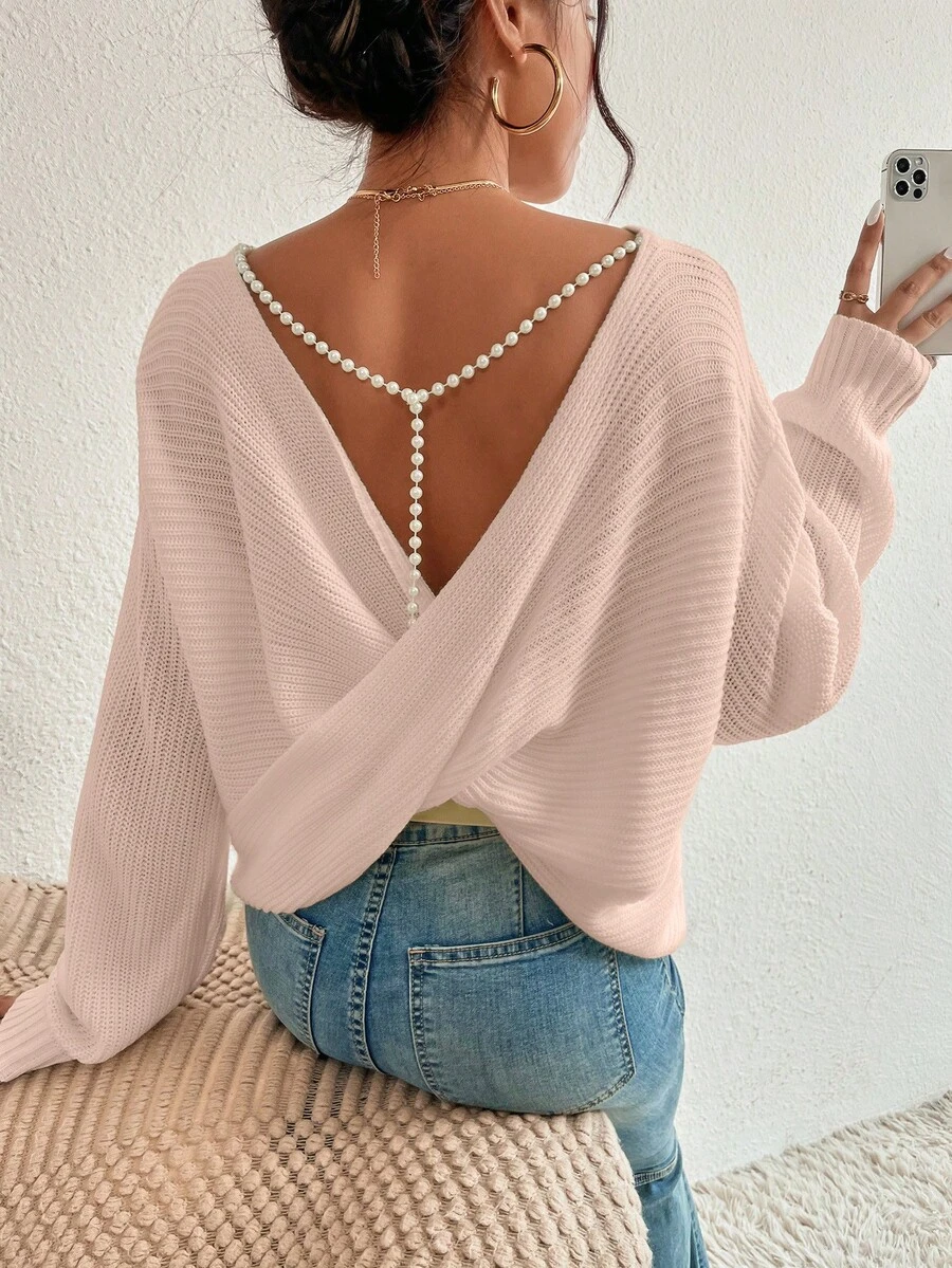 EURMUSE Women's Solid Color Boat Neck Loose Casual Sweater With Crossed Back Design, Long Sleeve - Coral Pink - View 1