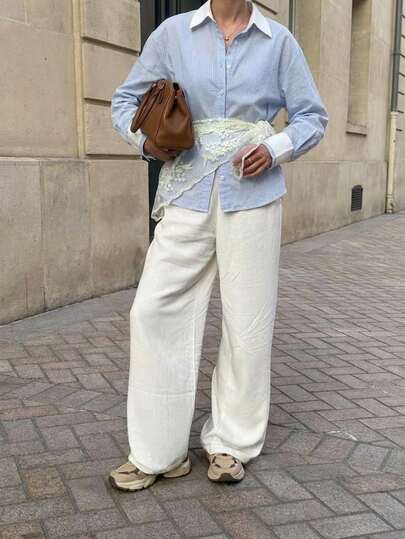 Veilorie New Korean Style Loose Fit Comfortable Casual Everyday Wear Contrast Striped Shirt