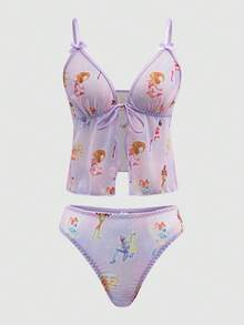 The Winx X SHEIN 女士印花前系蝴蝶结装饰吊带背心和丁字裤套装 - 淡紫色 - 查看 6