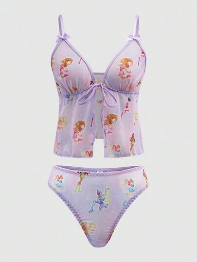 The Winx X SHEIN Conjunto de top de tirantes con lazo decorativo y tanga con estampado total para mujer