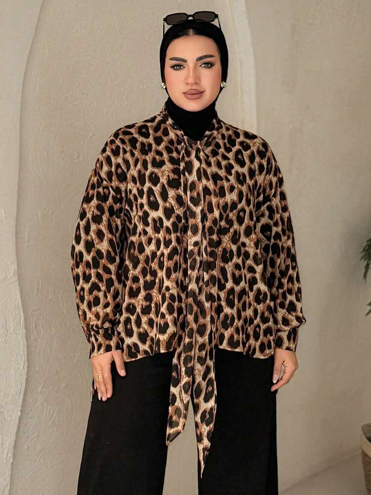 Dazy Plus Elegant Loose Fit Leopard Print Tie Collar Long Sleeve Shirt, Spring/Summer