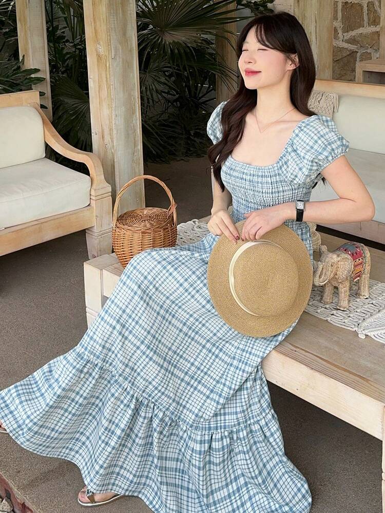 Women's Plaid Fabric Square Collar Short Sleeve Waist Cinched Casual Long Denim Dress, Summer Boho