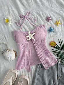 Elamini Y2K Style Women's Casual Cute Island Beach Starfish Element Crochet Hollow Knit Halter Neck Crop Top, Spring/Summer - Pink - View 3