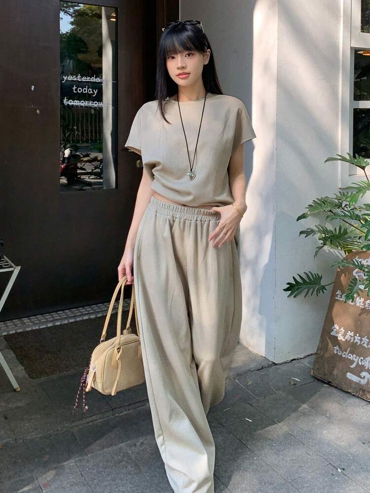 Women's Casual Solid Color Top And Pants 2 Pieces Set, Summer