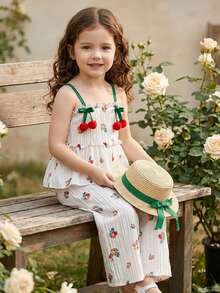 SHEIN Vintaside Kids 两件套女童数码印花花卉装饰吊带背心和松紧腰阔腿裤套装，适合夏季休闲、海滩、派对等场合。 - 白色 - 查看 6