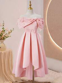 Blush Pink Summer Elegant Cocktail Off-Shoulder Embroidered Mesh Asymmetric High Low Dress For Tween Girls,Suitable For Parties And Outings - Pink - View 6