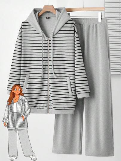 Rusticease 2 pezzi Set di giacca con cappuccio e pantaloni casual a righe per donne taglie forti, autunno/inverno