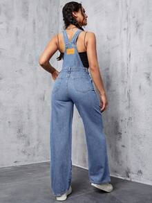 SHEIN PETITE 女式字母刺绣口袋阔腿宽松休闲牛仔连体裤 - 藍色 - 查看 5
