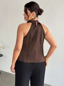Firerie 大码女式优雅浪漫度假休闲不对称镂空无袖修身背心，适合毕业典礼、秋冬季、生日派对、婚礼宾客、聚会等场合。 - 棕色 - 查看 2
