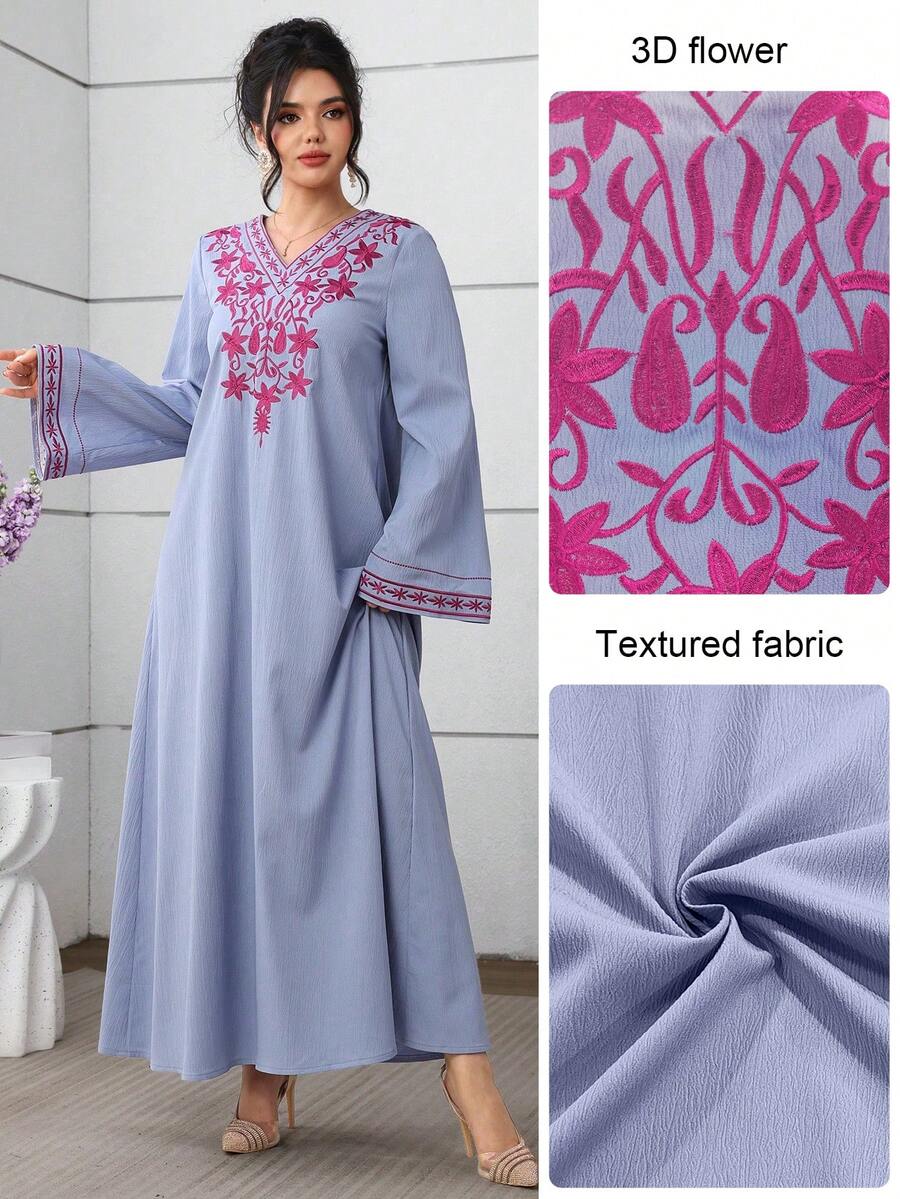 Al Najma V领蓝色底色撞色刺绣长袖阿拉伯风格连衣裙