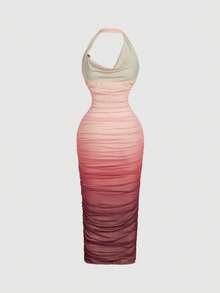 SHEIN MOD Damen Farbverlauf gerafftes Bodycon Midikleid mit Schulterausschnitt und Mesh, Herbst/Winter, Herbstkleidung für Damen, Party, Hochzeit, Hochzeitsgast Kleid, elegante Kleider für Damen, Rosa, Französischer Urlaubskleid, Terrassen Chill, Glamour Kleid, Tee Eleganz Kleid, Schulterfreie Kleider, Sonnenuntergang Farboutfit - Verschiedenfarbig - Übersicht 2