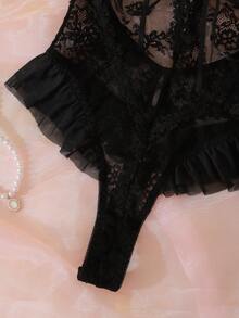 DelicateAllure 黑色蕾丝拼接透视交叉系带提胸荷叶边下摆时尚性感女士连体衣 - 黑色 - 查看 5