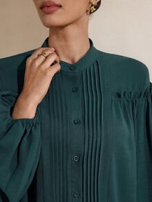 Graceveil 两件套：优雅橄榄绿荷叶边衬衫+裤子，时尚设计 - 墨綠色 - 查看 9