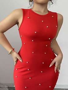 Elenzga 情人节优雅红色中长针织连衣裙，牛奶丝面料，正面饰有珍珠。 - 紅色 - 查看 6