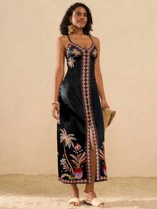 Travachic 印花无袖连衣裙，度假风乡村印花前开衩连衣裙，女士春夏款 - 黑色 - 查看 3