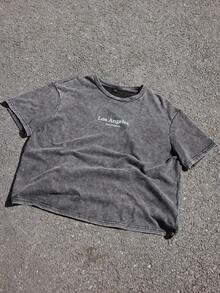 Attitoon Plus Size Women's Black Knit T-Shirt With Snowflake Print, Vintage Music Festival & Back To School Style, Short Sleeve, Suitable For Summer, Los Angeles, California Print - Black - View 5