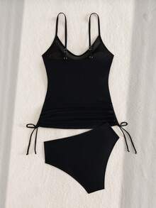 Swim Lushoire Women's Black Mesh Splice Drawstring Tie Tankini Top And Solid High Waist Bottoms 2-Piece Swimsuit, Suitable For Beach, Vacation, Casual Wear - Black - View 6