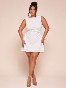 SHEIN BAE 大码女式无袖V领腰部褶皱串珠后背拉链连衣裙，春夏款 - 白色 - 查看 5