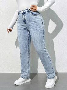 SHEIN ICON Quần jean denim dáng rộng, cổ điển, có túi, dành cho nữ, cỡ lớn. - Rửa nhẹ - Xem 5
