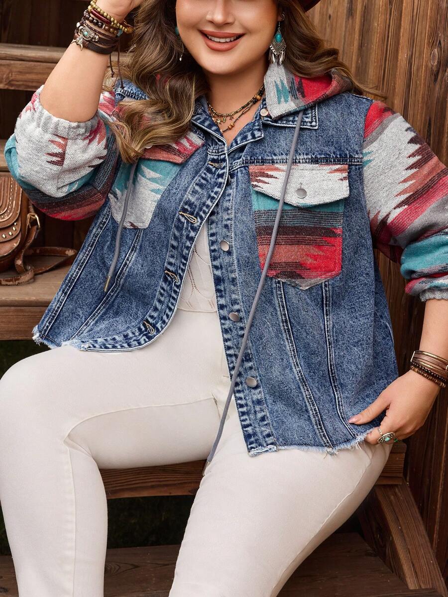EMERY ROSE Plus Size Women Casual Comfortable Mid-Blue Inelastic Denim Patchwork Jacket - Medium Wash - View 1