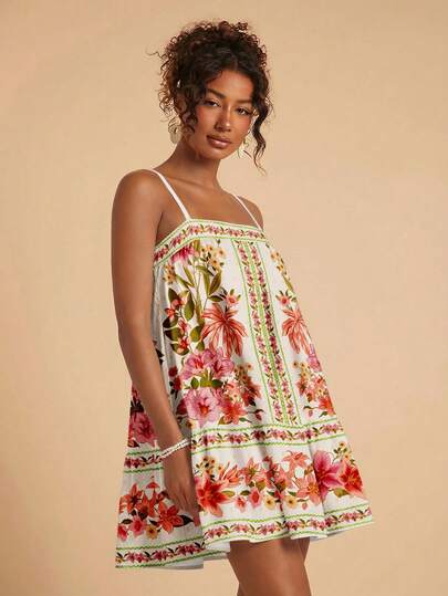 Travachic Casual Minimalist Vacation Bohemian Elegant Romantic Retro Printed Pattern, Music Festival, Beach Outfit, Vacation Outfit, Women's Summer Outdoor Spaghetti Strap Tie-Up A-Line Short Dress