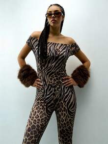Slouenne Slouenne HOT GrilsZebra & Leopard Print Two Piece Outfit Off Shoulder Crop Top & Flare Pants Streetwear Matching Set For Women 2026 Spring Summer Going Out Clubwear Party Vacation - Brown - View 5