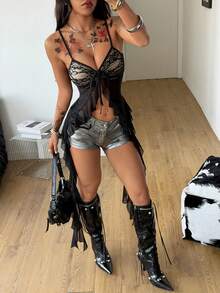 Coolane 女士夏季音乐节复古Y2K豹纹蕾丝弹力撞色黑色背心 - 黑色 - 查看 4