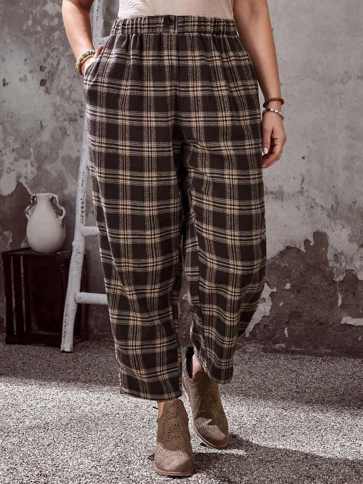 Plus Size Women's Summer Casual Vacation Country Brown Plaid Pocket Harem Capri Pants With Pockets,Early Spring,Spring Break, Vacation Women, Holiday For Women,Spring Women,Going Out,2026 New,Simple And Fashionable For Everyday Wear,Holiday Boho