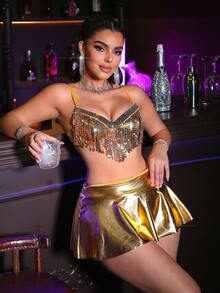 3件套女士性感内衣套装（含钢圈文胸、丁字裤和迷你裙） - 金色 - 查看 5