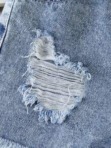 Short en jean délavé pour filles, bleu clair avec détails déchirés, broderie de nœud rose, style ajusté confortable, en coton denim, convient pour l'école, les déplacements, le port quotidien, nouvelle arrivée - Jean clair - Voir 3