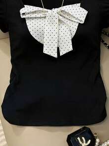 SHEIN Women's Elegant Commuter Polka Dot Patchwork Short Sleeve Knit T-Shirt, Spring/Summer - Black - View 3