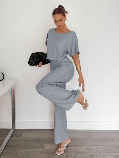 Siren Gaze 2 piezas Conjunto casual de mujer con camisa y pantalones plisados de unicolor