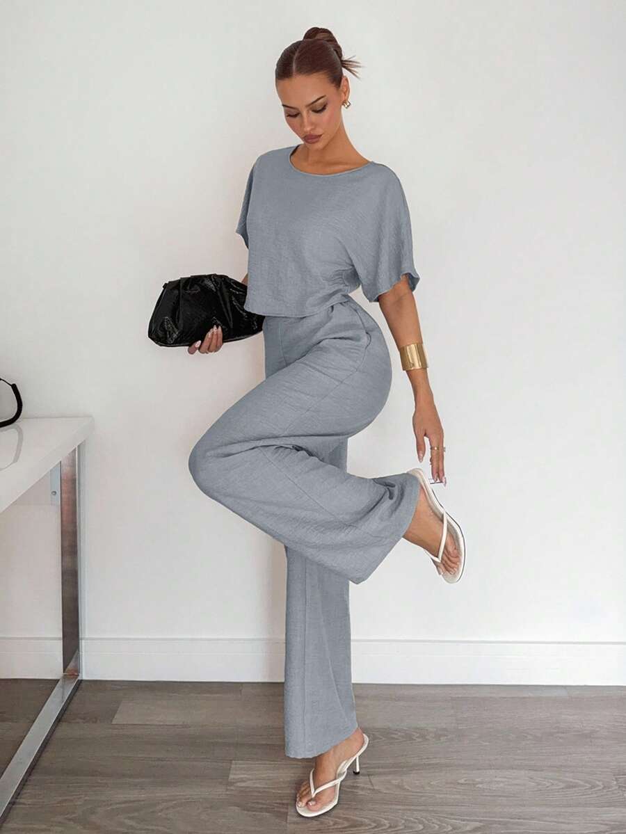 Siren Gaze 2pcs Women Solid Color Pleated Shirt And Pants Casual Suit Comfy Two Piece Set Gray 2 Lounge Sets Woman Comfortable Set,Work Outfits For - Light Grey - View 1