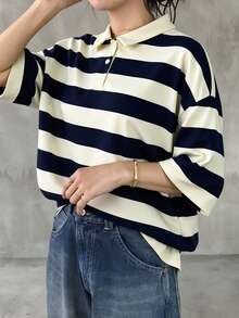 FRIFUL 95% Cotton Striped Polo Collar Drop Shoulder Short Sleeve Black & White Striped Loose Casual Versatile T-Shirt - Blue - View 5