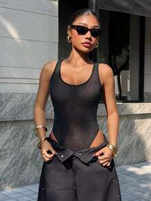 Muchica Women's Black Metallic Glitter Bodysuit - Black - View 1