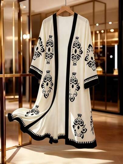 GlowEve Women's Pattern Vacation Daily Casual Beach Cover-Up, Versatile For Commute, Business, Holiday, Early Spring/Summer, Mid-Length Thin Cover Up Jacket, Beige Base With Black Print