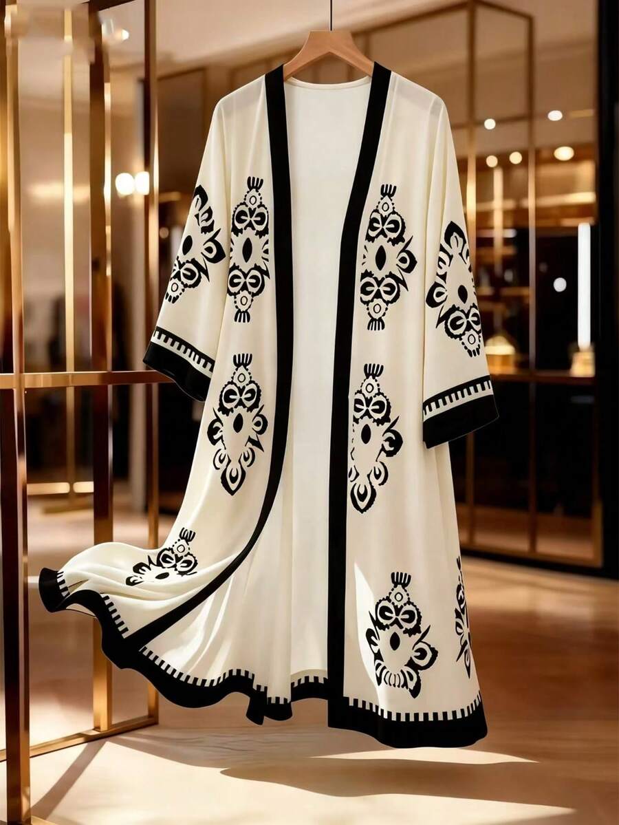 GlowEve Women's Pattern Vacation Daily Casual Beach Cover-Up, Versatile For Commute, Business, Holiday, Early Spring/Summer, Mid-Length Thin Cover Up Jacket, Beige Base With Black Print - Multicolor - View 1