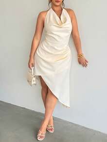 Firerie 大码女式纯色不对称下摆垂褶领连衣裙 - 杏色 - 查看 8