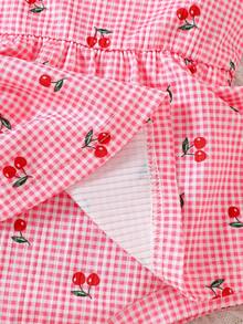 SHEIN Baby Girl Plaid Cherry Print Shoulder Bow Decor Jumpsuit - Pink - View 8
