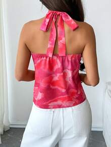 Nevyona 女士新款Y2K风格露背金属扣吊带上衣 - 扎染印花修身褶皱短款无袖露脐上衣 - 玫紅色 - 查看 2